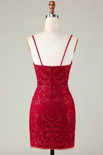 Lentejuelas Rojo Oscuro Correas de Espagueti Vestido Corto